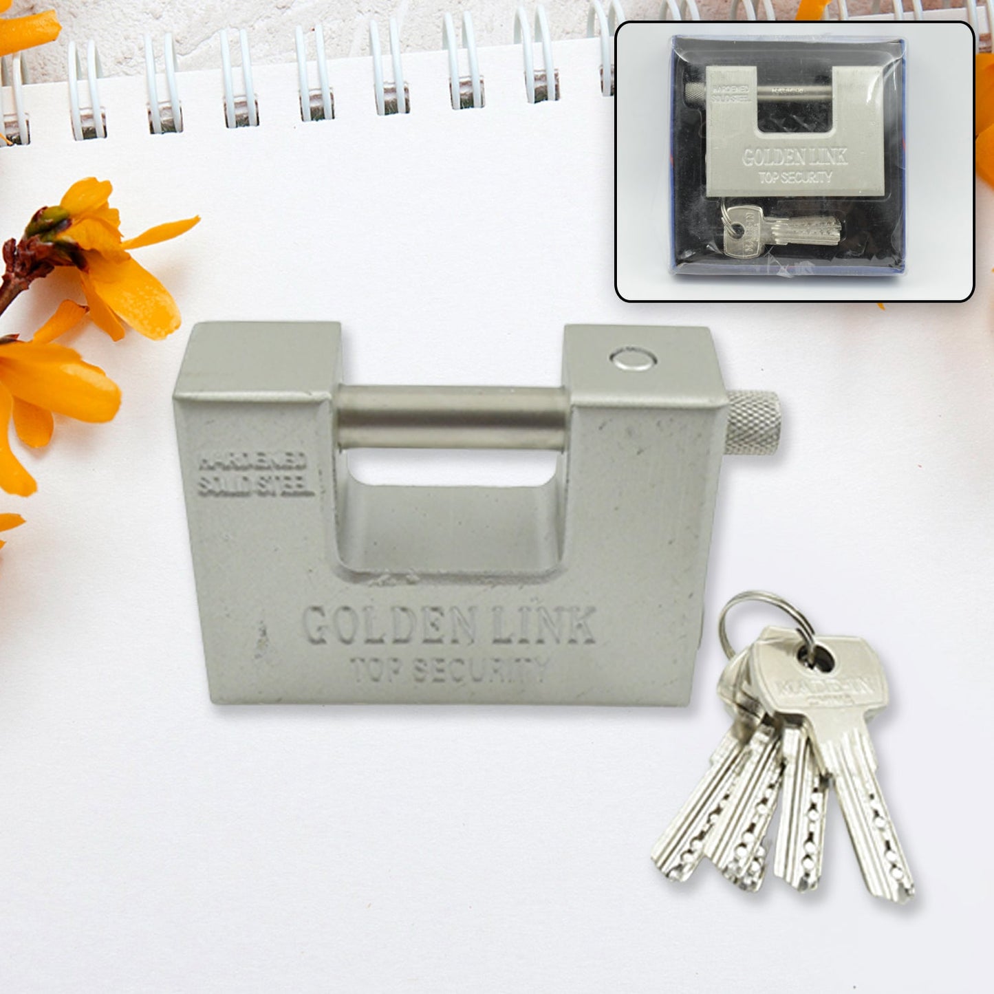 94mm Stainless Steel Padlock: Rectangular, Hardened Steel, 5 Keys