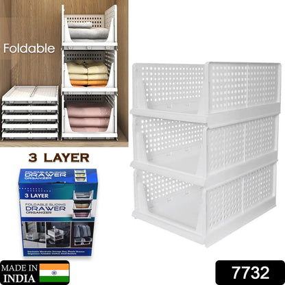 3 Layer Clothes Organizer for Wardrobe Cupboard Organizer for Clothes Foldable and Stackable Closet Organizer Drawer Organizer for Clothes, Multi Purpose Plastic Drawer