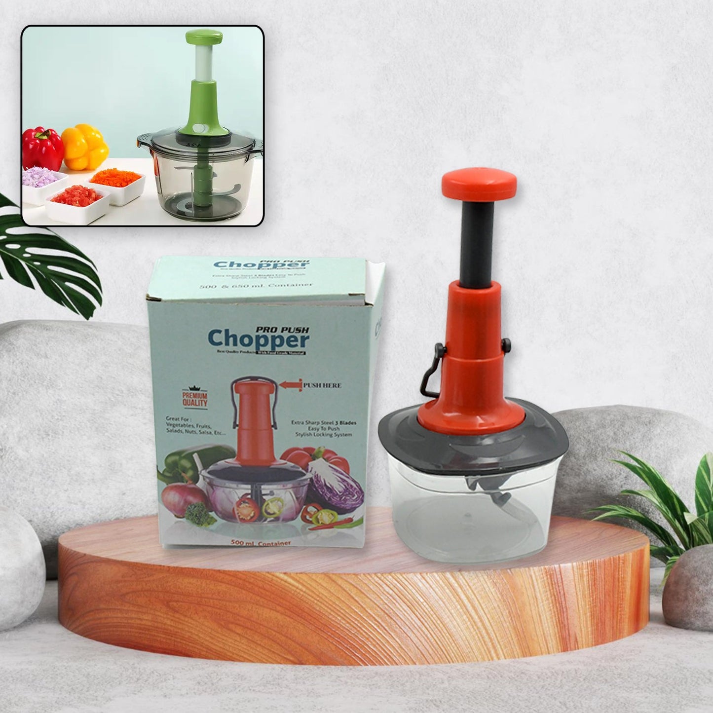 Manual Food Chopper (650ml): 3 Stainless Steel Blades, Locking System, Anti-Slip Base