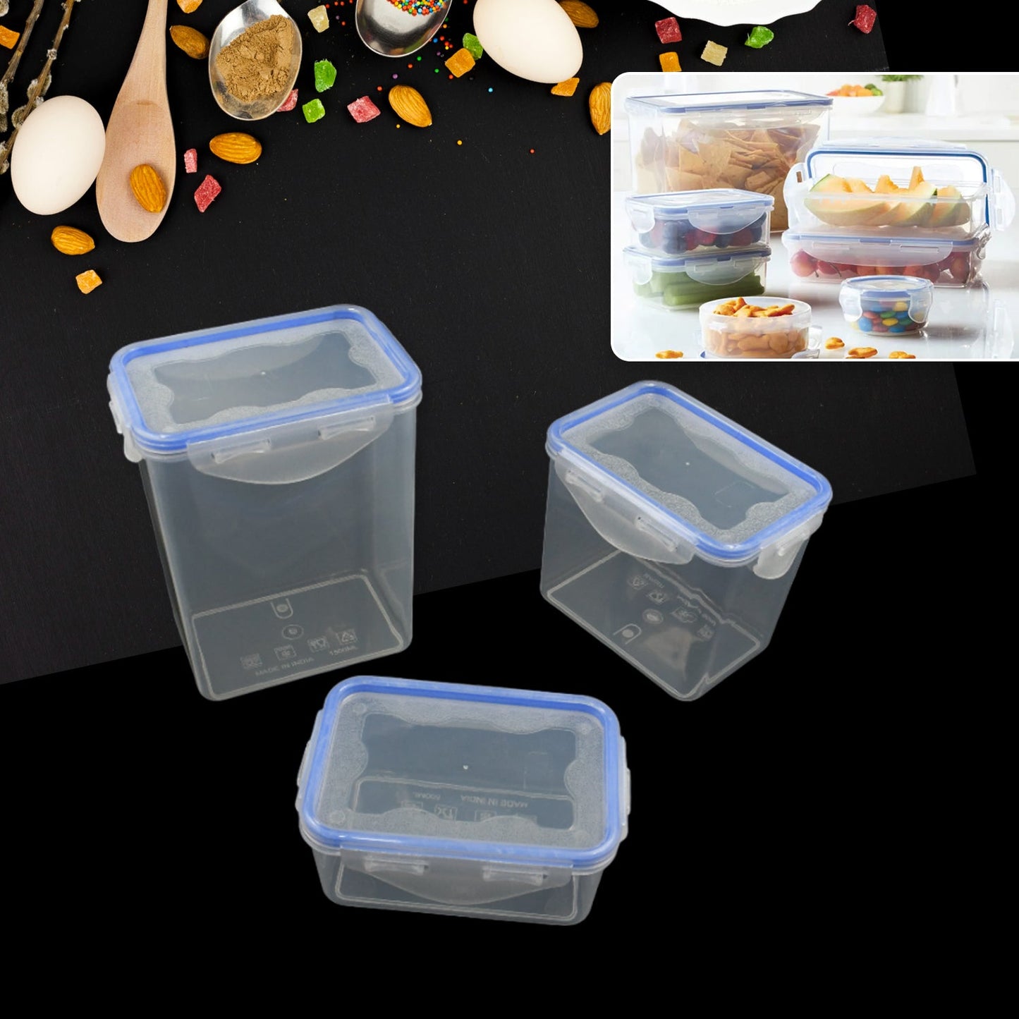 Kitchen Storage Container Set with Food Grade Plastic and Air Seal Lock Lid for Storage of Grocery, Spices, Dry fruits Use For Home, Office, Restaurant, Canteens (3 Piece Set)