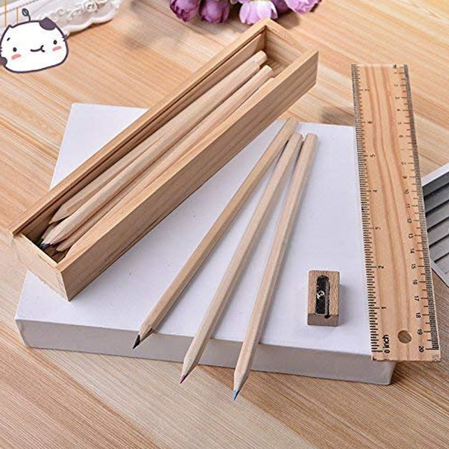 Colorful Wooden Pencil Set with Pencil box, Ruler, Sharpener For for Kids, Artist, Architect (12 Pcs Set)