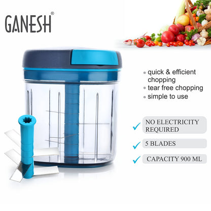 8107 Ganesh Master Chopper with 5 Stainless Steel Blades, XL Large Jumbo Chopper (900 Ml) 