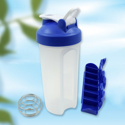 2 In1 Pill Shaker Cup Vitamin Holder Water Bottle with Pill Holder Daily Medicine Planner Shaker Water Bottle pillboxes Organizer pre Workout Shaker Fitness pp Bracket Portable (600 ML)