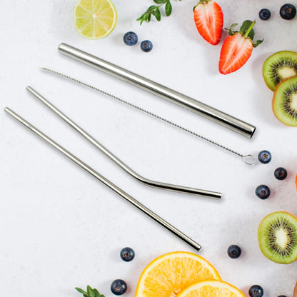 Reusable Stainless Steel Straws with Travel Case Cleaning Brush Eco Friendly Extra Long Metal Straws Drinking Set of 4 (2 Straight straws, 1 Bent straws, 1 Brush)