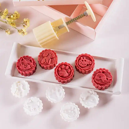 Mooncake Mold with 6 Stamps, Flowers Design Cookie Stamp Moon Cake Mold Stamps - Mid Autumn Festival Cookies Cutters - DIY Decoration Mooncake Press Molds