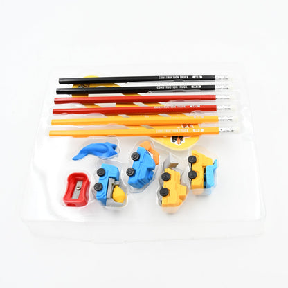 Pencil and Eraser Set, Construction Truck Theme Stationery Kit Includes 6 Pencils, 4 Erasers, 1 Sharpener, 1 Ruler Bookmark, 1 Pencil Cap Stationary For Birthday Gifts for Kids, Birthday Return Gifts (13 Pc set)