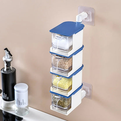 4 Layer Creative Adhesive Wall Hanging Rotary Seasoning Box Condiment Storage Container Kitchen with Spoon Pepper Sugar Spice Jar Rack Food