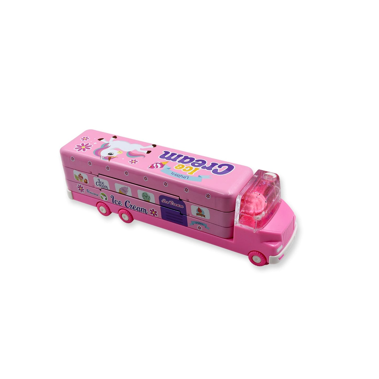 Double Decker Magic Truck Compass Multi Level Metal Truck Compass Pencil Case with Movable Wheels & Sharpener (Mix Design)