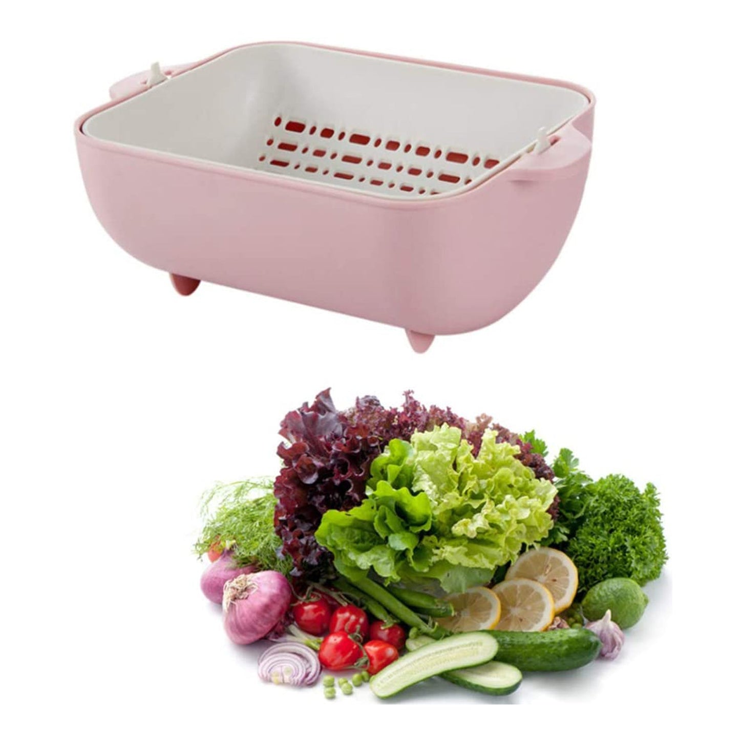 2717 Multifunctional BPA Free Double Layered Plastic Rotatable Strainer Bowl with Handles for Washing, Rinsing, Serving Vegetables & Fruits (Multicolor) 