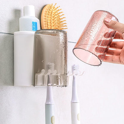 Wall Mount Toothbrush Holder with 2 Cups Automatic Toothpaste Holder Multi-Functional Kids Favorite Candy Toothbrush Holder Bathroom Accessories Organizer Rack