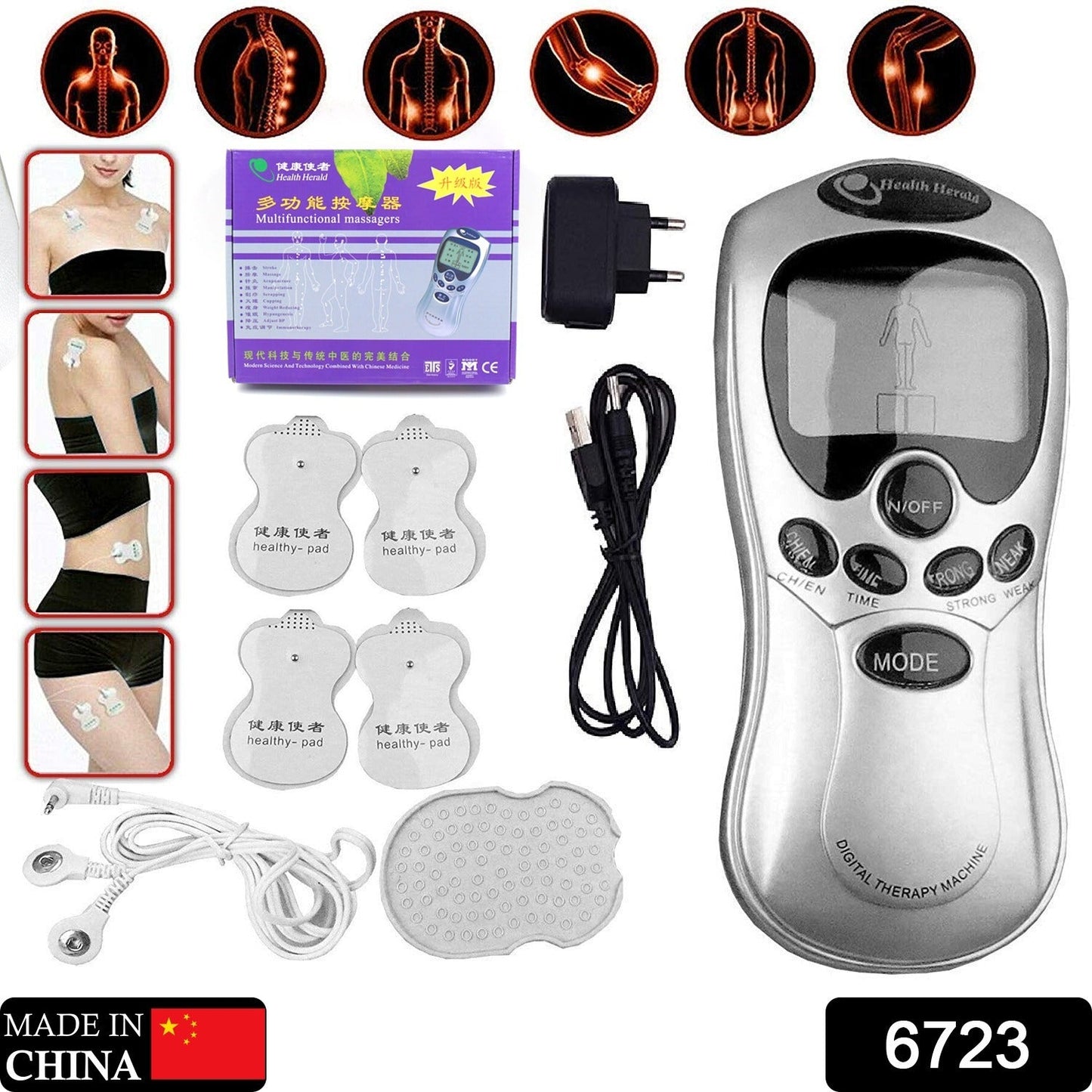 Multifunctional Massager, Health Care Digital Chinese Meridian Tens Therapy Massager Relax Body Muscle Acupuncture Machine 4 Electrode Pads & Charger Adapter and Cable, Physiotherapy, Electric Digital Therapy neck back Mane Massage