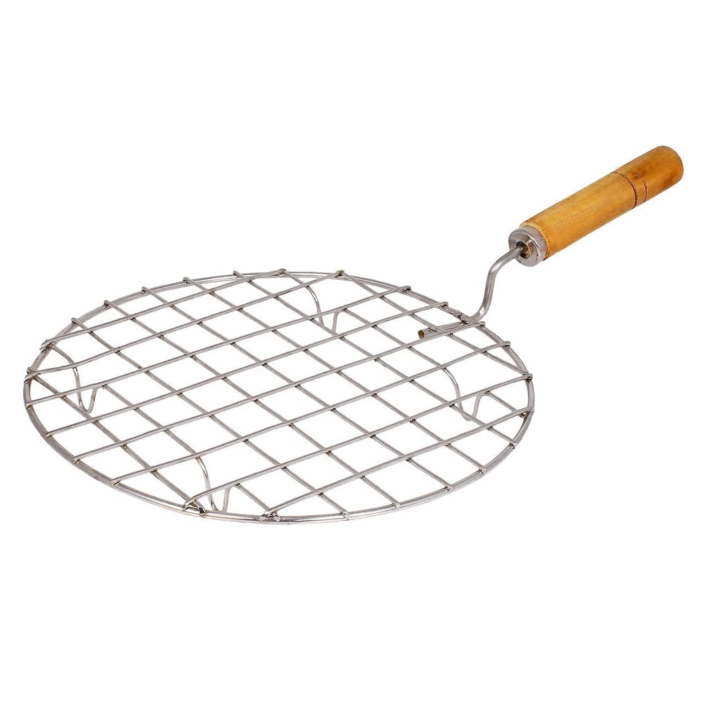 2085 Kitchen Round Stainless Steel Roaster Papad Jali, Barbecue Grill with Wooden Handle 