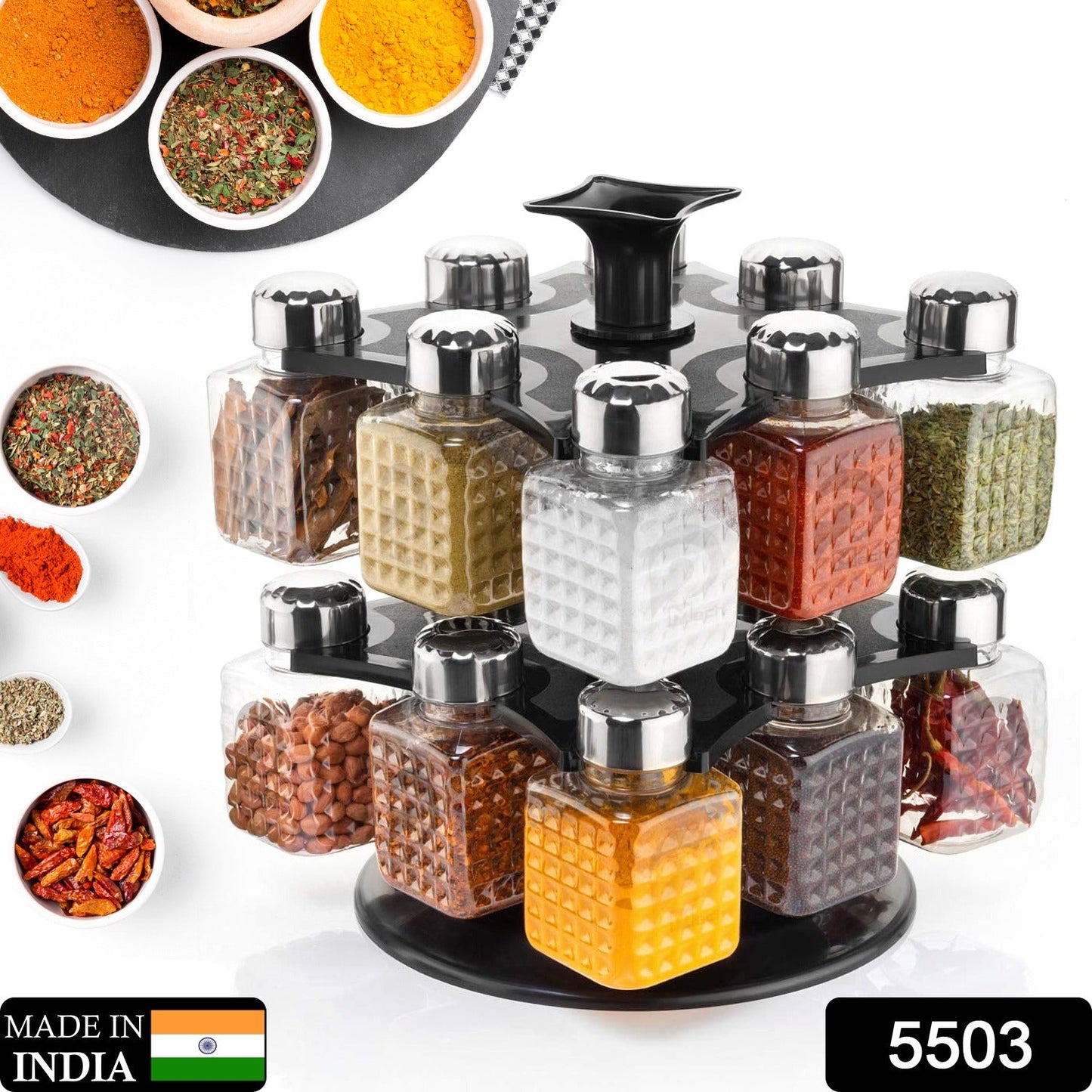 All New Square 16 Bottle Design 360 Degree Revolving Spice Rack Container Condiment, Pieces Set, Square Small Container