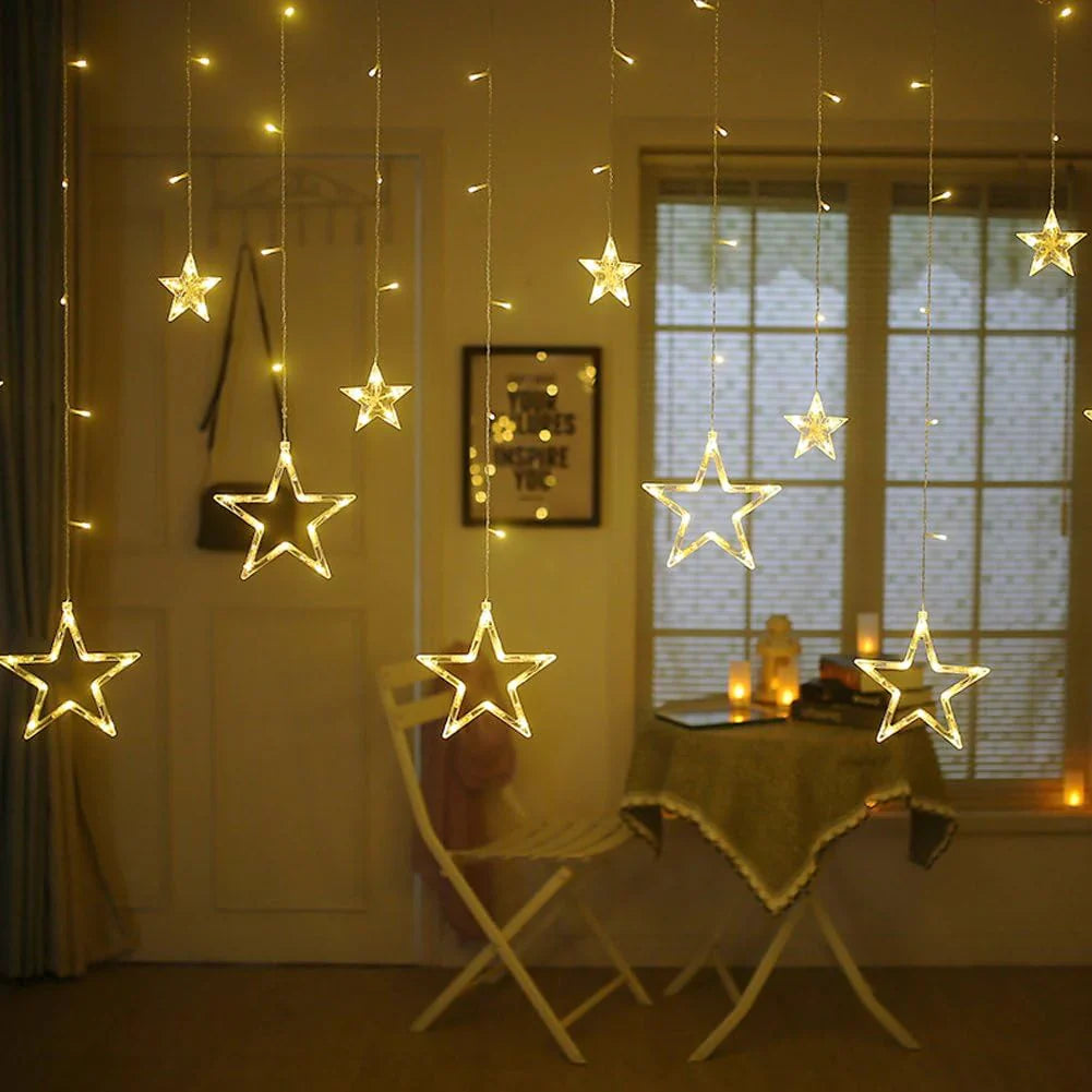 12 Stars LED Curtain String Lights with 8 Flashing Modes for Home Decoration, Diwali & Wedding LED Christmas Light Indoor and Outdoor Light ,Festival Decoration  (Warm White)