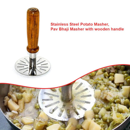 064 Stainless Steel Potato Masher, Pav Bhaji Masher with wooden handle 