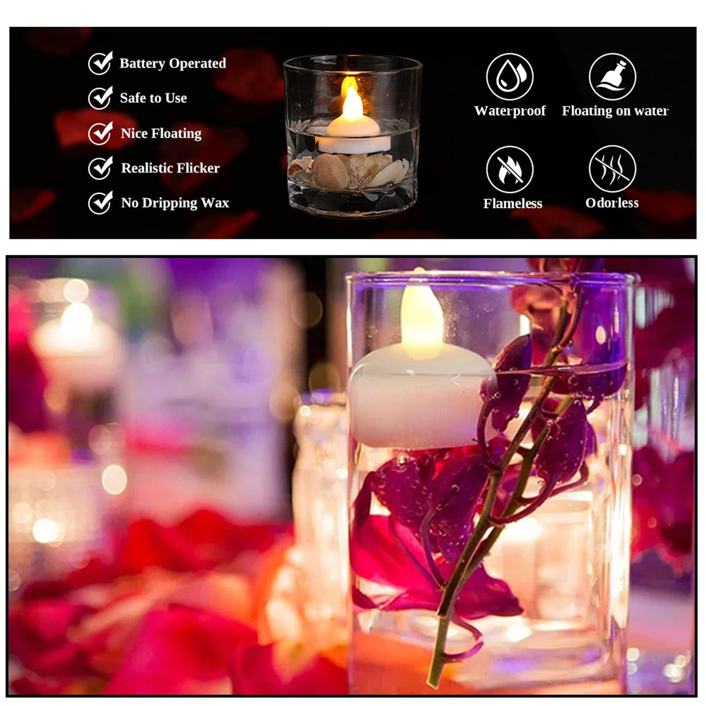 Set of 12 Flameless Floating Candles Battery Operated Tea Lights Tealight Candle - Decorative, Wedding.( Diya , Divo , Diva , Deepak , Jyoti ,)