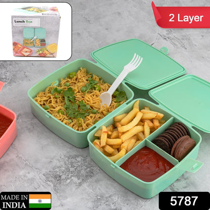 Double-Layer Square Lunch Box with  Spoon , 4 Compartment Tiffin & Push Lock , Plastic Tiffin Box for Travelling, School Kids & Office Exclusive, Home