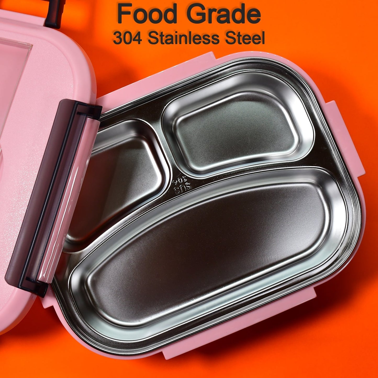 2041 Pink Lunch Box for Kids and adults, Stainless Steel Lunch Box with 3 Compartments With spoon slot. 