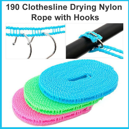 190 Clothesline Drying Nylon Rope with Hooks 