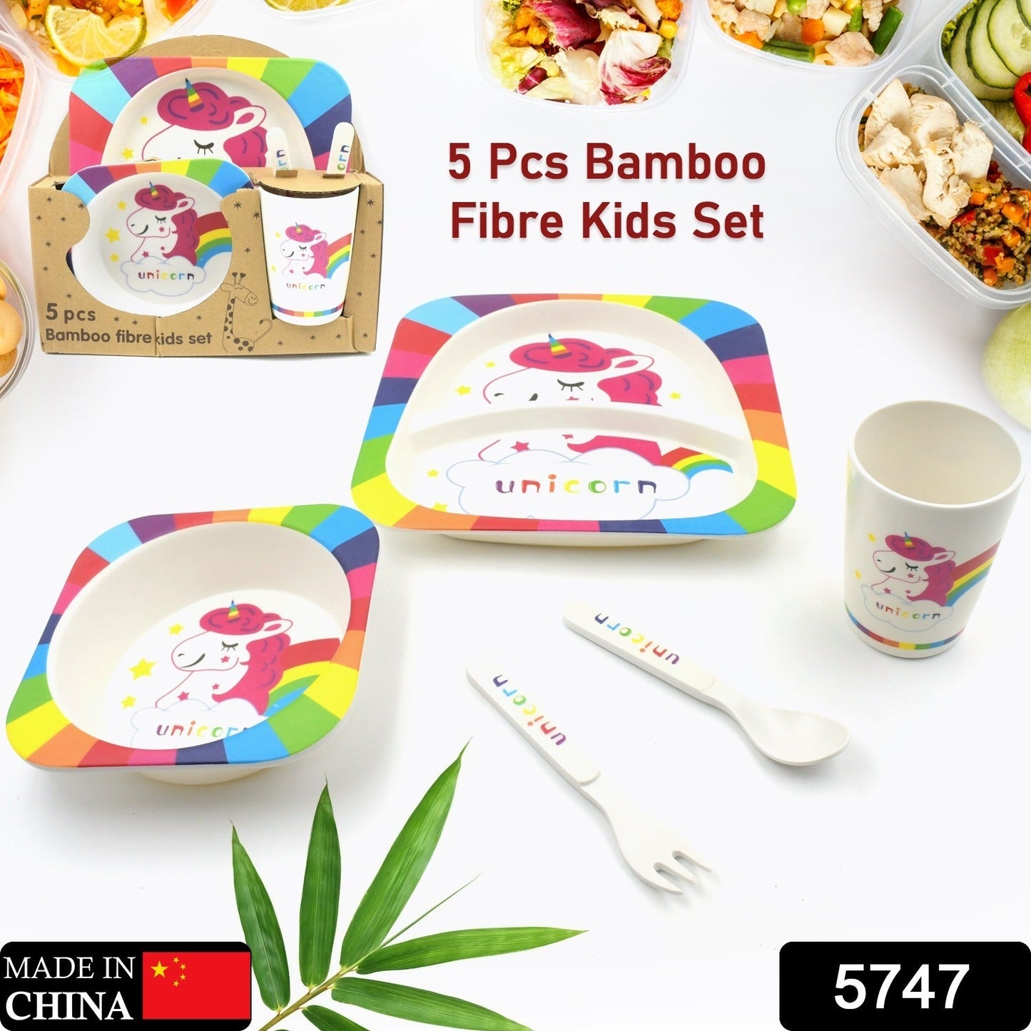 Bamboo Fiber Kids 1 Bowl, 1 Spoon, 1 Fork, 1 Glass, 1 Plate Unicorn Design for Kids and Toddlers, Children Dinnerware Set - Feeding Set for Kids, Cartoon Design Tableware Microwave & Dishwasher Safe (5 Pcs Set)