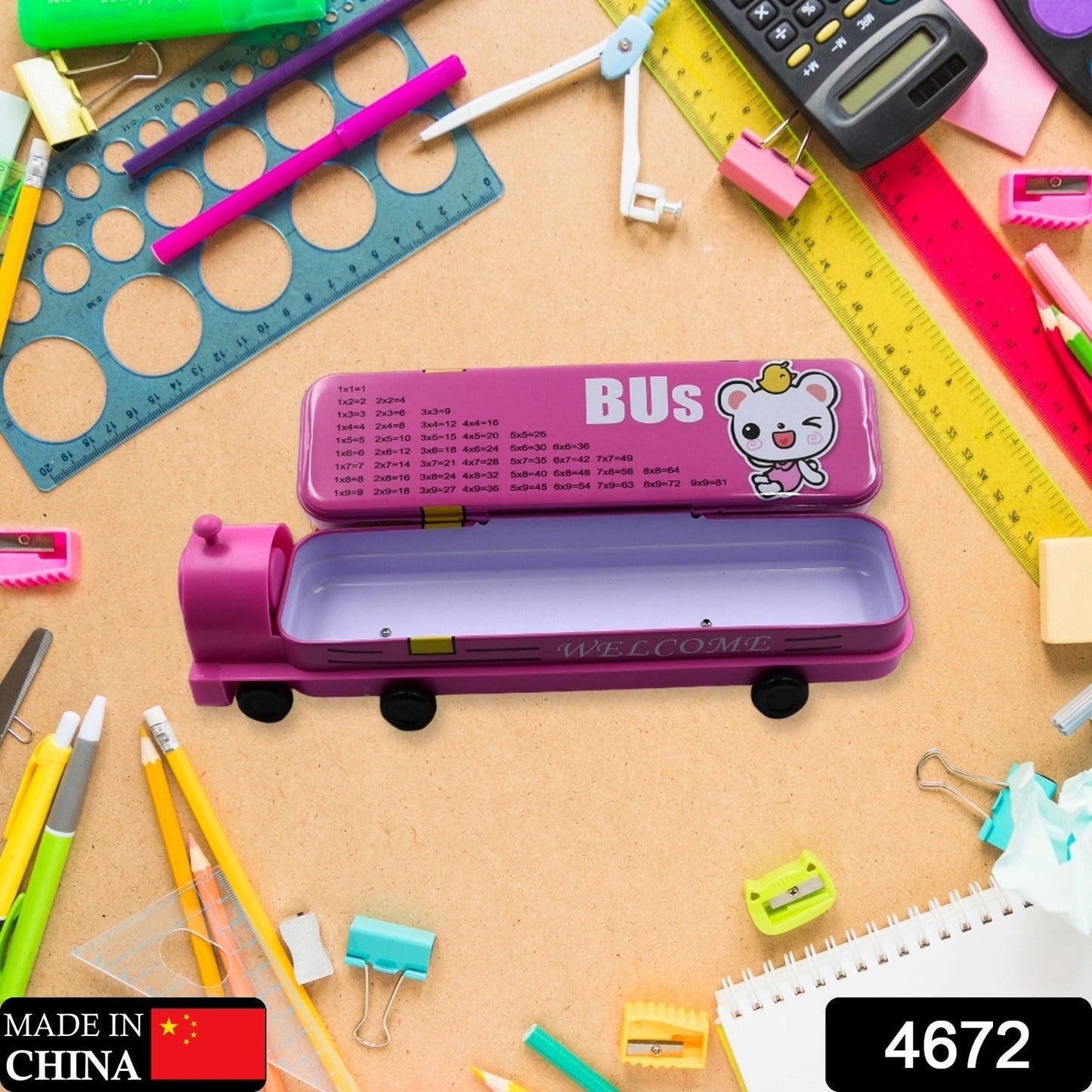 Double Decker Magic Bus Compass 2 Layer Metal Bus Compass Pencil Case with Movable Wheels & Sharpener Bus Shape with Tiers Metal Pencil Box for Kids Birthday Party