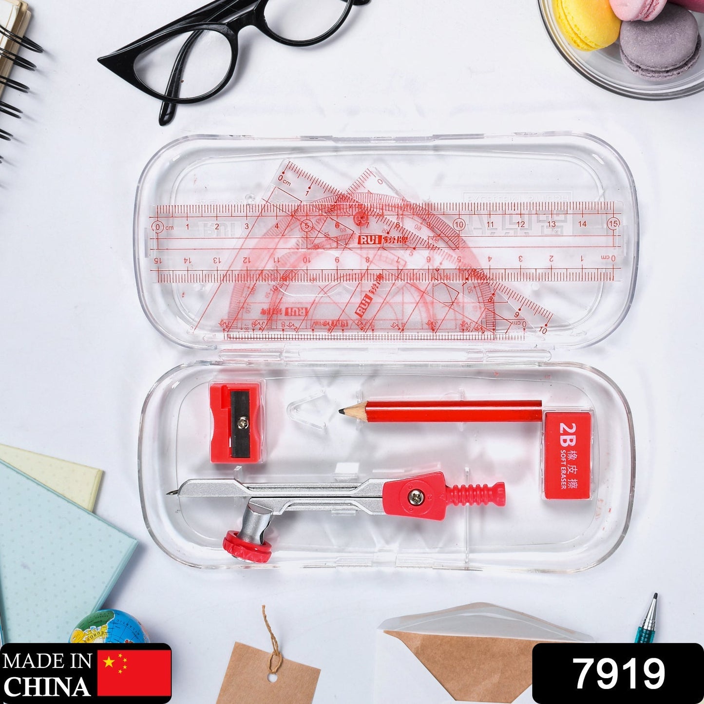 7919 Math Compass Compass Ruler Set Student Geometry Math Set Metal 8-Piece Measurement Design Compass Drawing Tool Math Geometry Kit.