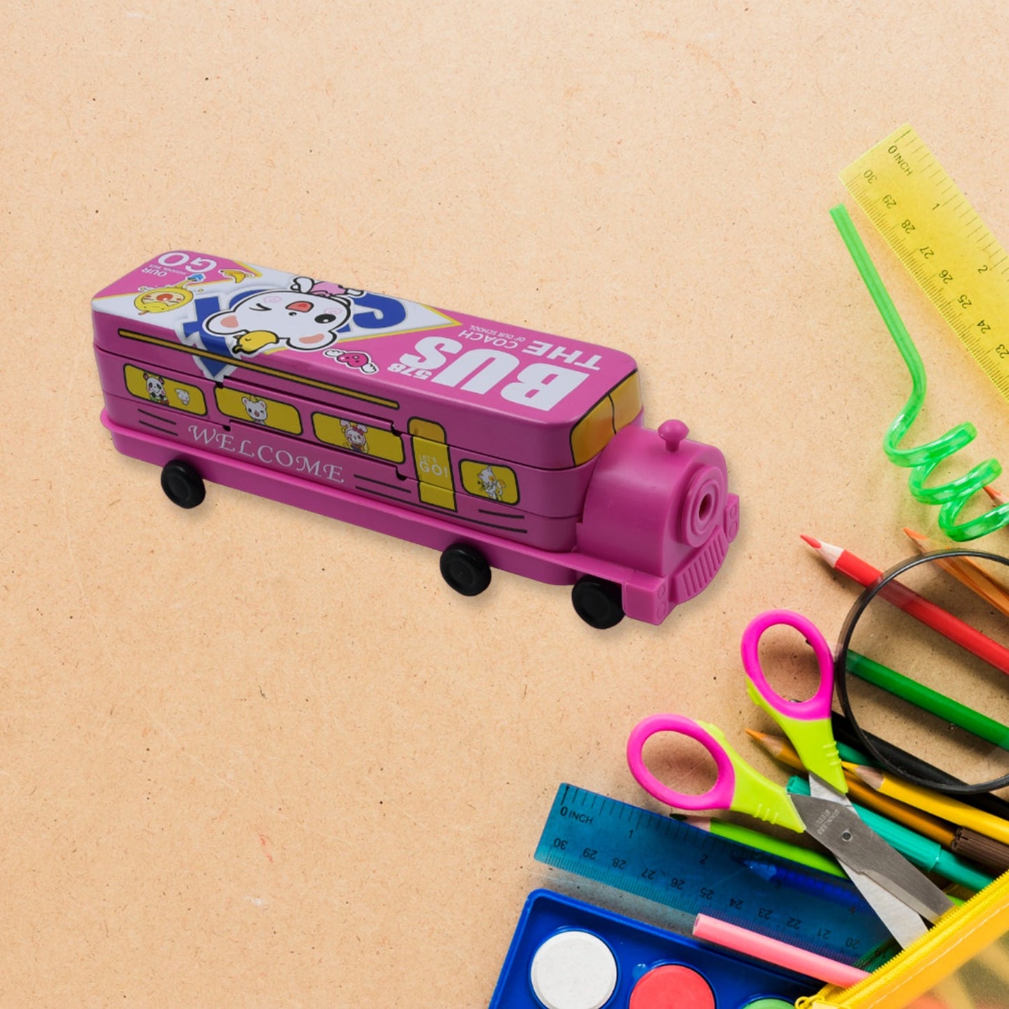 4672  Double Decker Magic Bus Compass 2 Layer Metal Bus Compass Pencil Case with Movable Wheels & Sharpener Bus Shape with Tiers Metal Pencil Box for Kids Birthday Party