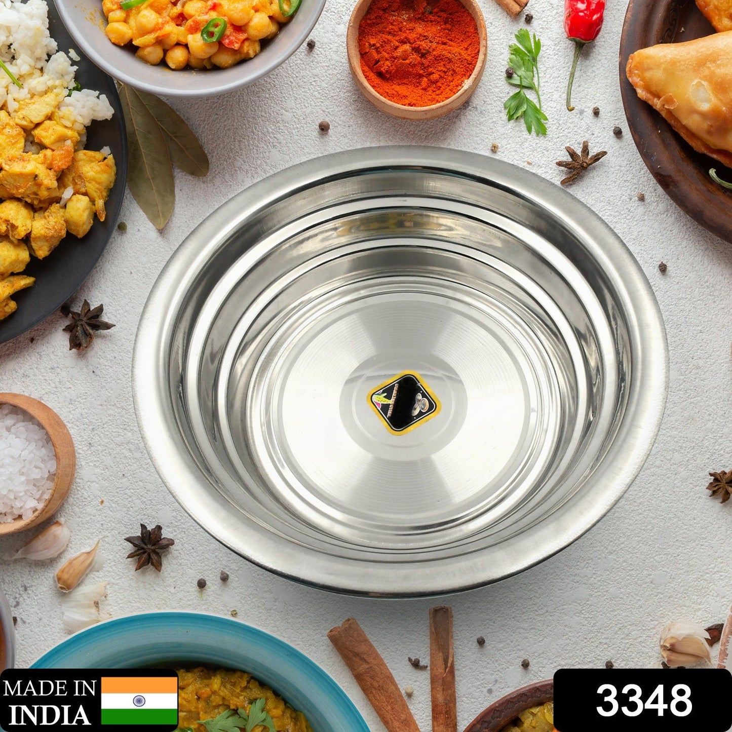 3348 Multipurpose Stainless Steel Bowl/ Plate Stainless Steel Snacks Serving Bowl/Plate| Set of 1 Small Bowl/Plate| 20 cm| Design Steel Plate| Steel Deep Plate Breakfast Serving Plate| Steel Halwa Plate For  Kitchen Tool (1 Pc)