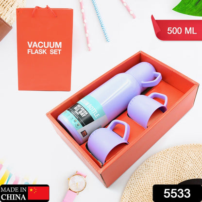 5533 Vacuum Flask Set Stainless Steel Thermos With 3 Cup Creative Gift Set With Cover Handle Portable Car Water Bottle Set (Approx 500ml)