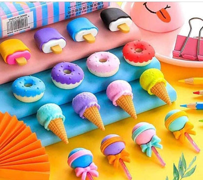 Cone /Donut/ Lolipop/ Ice cream /Eraser for Girls & Boys /Eraser for School B'Day Return Gift Party Doughnut Lollipop Ice Cream Theme Shape Erasers Pencils Set for Kids Educational Stationary kit, School Supplies (1 Set 4 Pc)