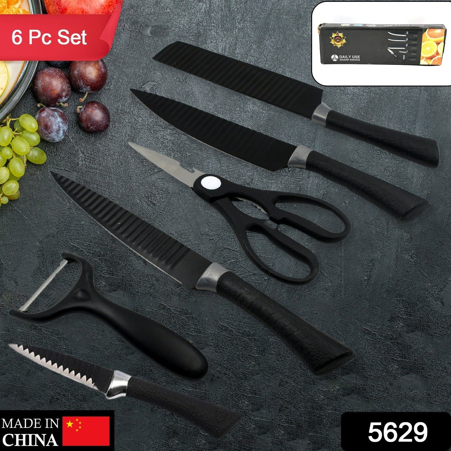 5629 6 Pieces Professional Kitchen Knife Set, Meat Knife, Chef's Knife with Non-Slip Handle for Home, Kitchen and Restaurant with Chef Peeler and Scissor (Stainless Steel / 6 Pcs Set)