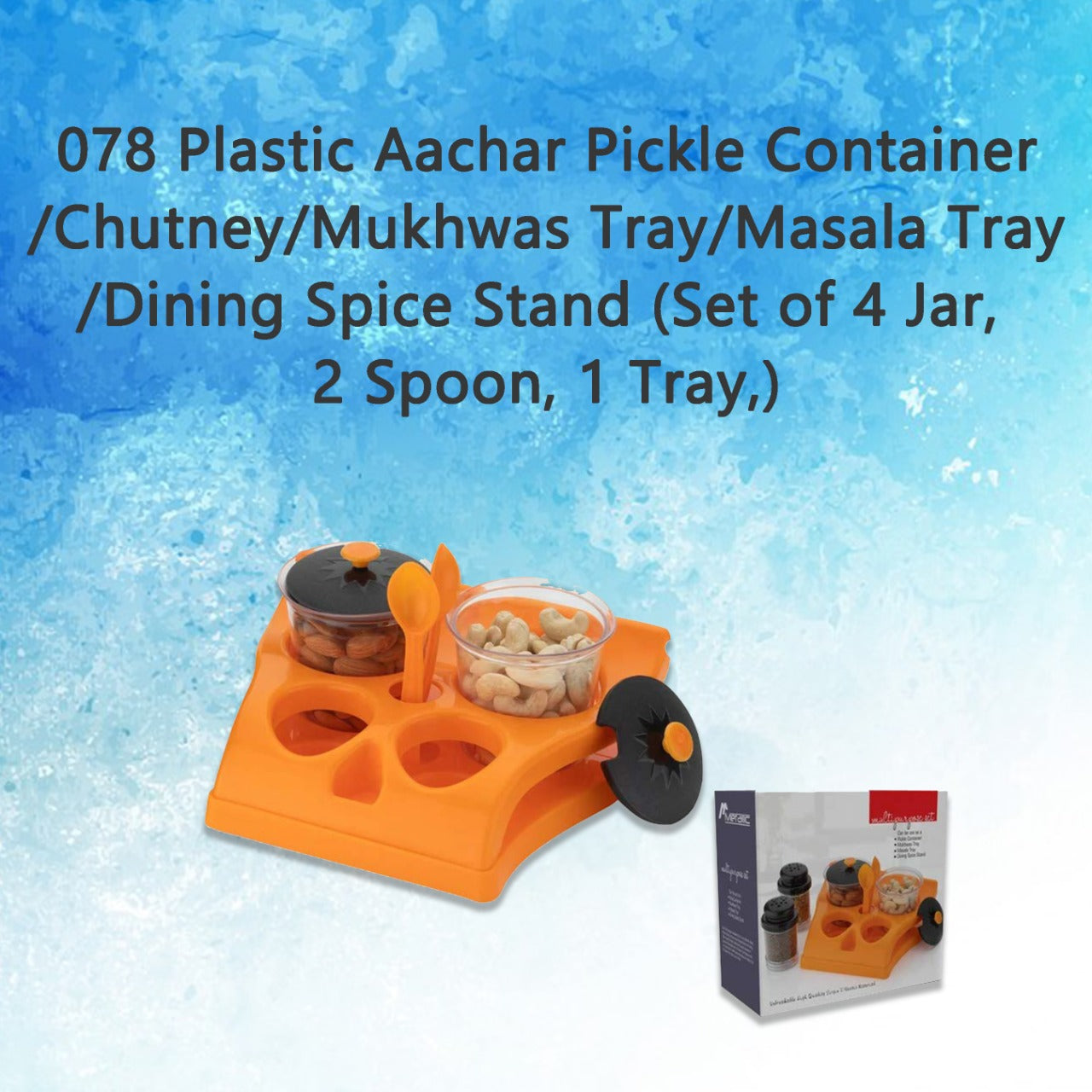 078 Plastic Aachar Pickle Container/Chutney/Mukhwas Tray/Masala Tray/Dining Spice Stand (Set of 4 Jar, 2 Spoon, 1 Tray,) 