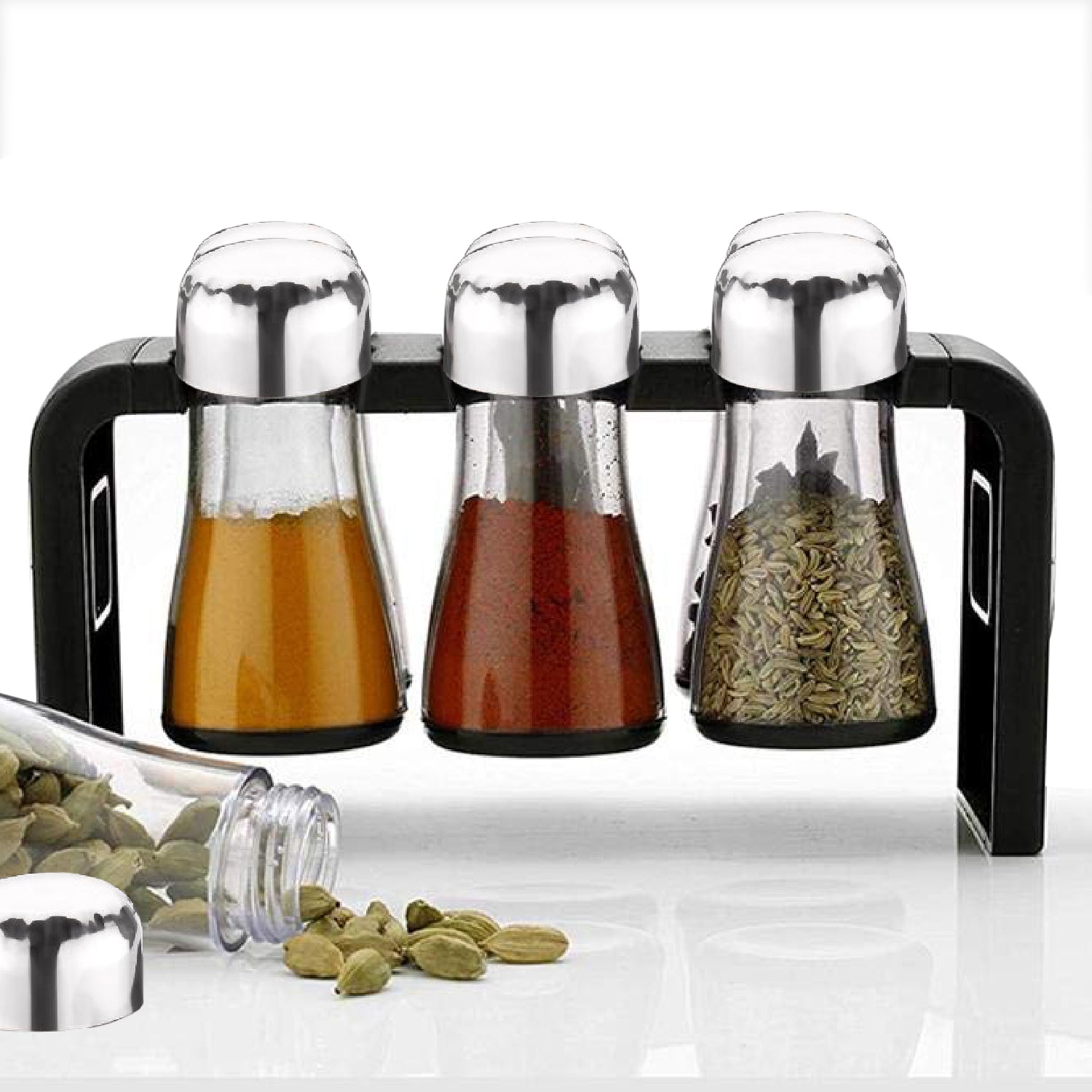 2458 Spice Jar Kitchen Storage Round Jars Airtight Steel Cap (Set Of 6) 